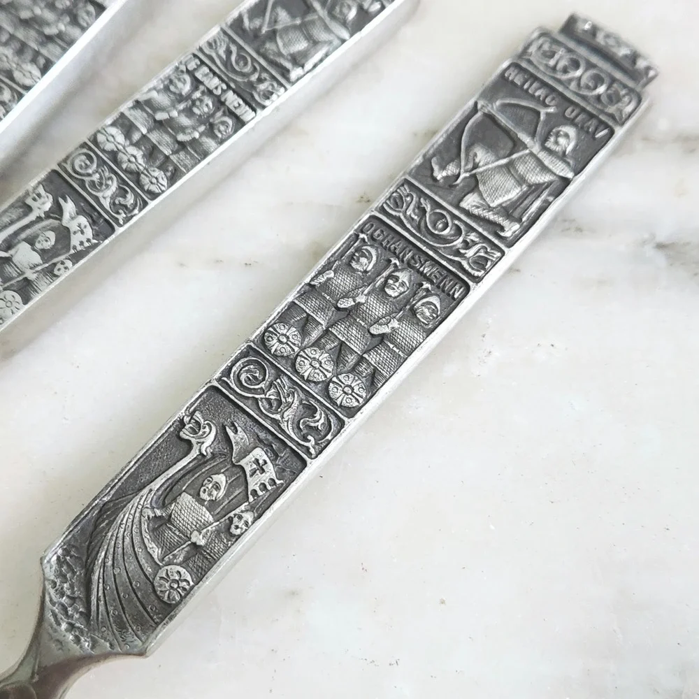 Vintage Heilag Olav‎ Pewter Norway Viking Nutcracker Spoon Set Norse Boat Motif